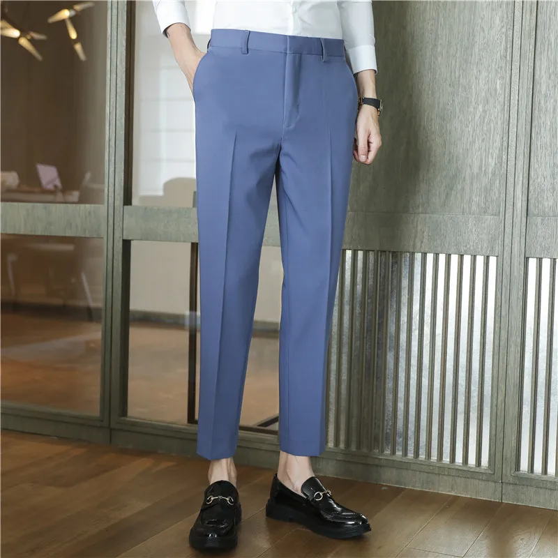 High Quality 9 Color Summer Fashion Mens Suit Pants Formal Business Slim Fit Solid Color Office Social Trousers Streetwear