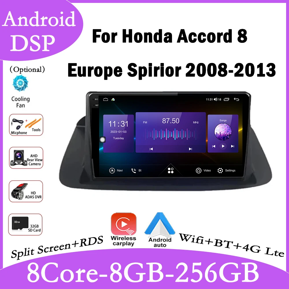 9 Inch For Honda Accord 8 Europe Spirior 2008-2013 Android 14 Car Radio Auto Multimedia DSP GPS Carplay Stereo wifi BT