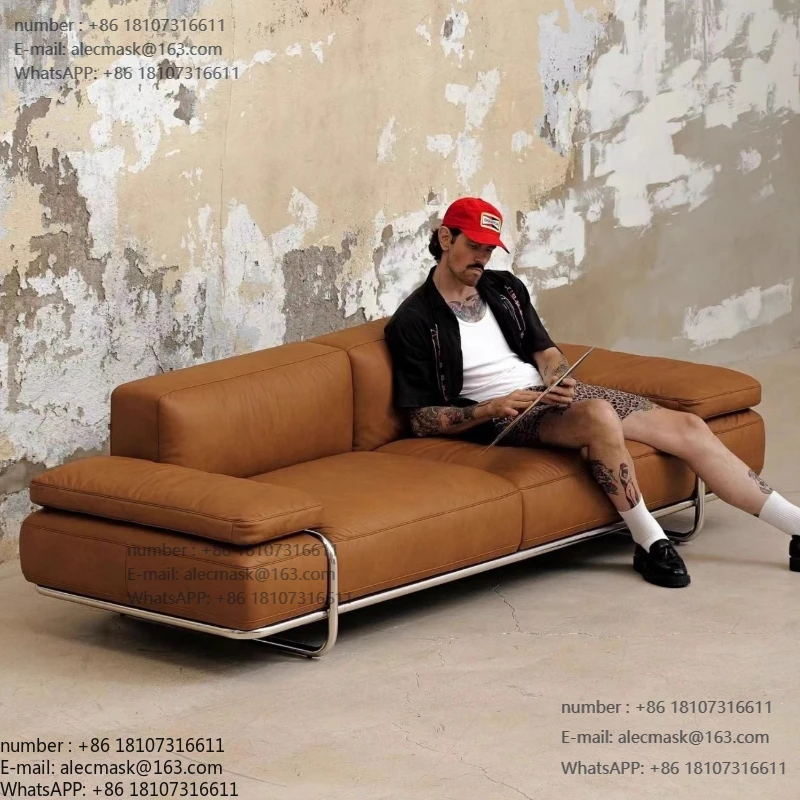 

Retro minimalist designer Bauhaus black leather Italian-style small apartment three people straight row