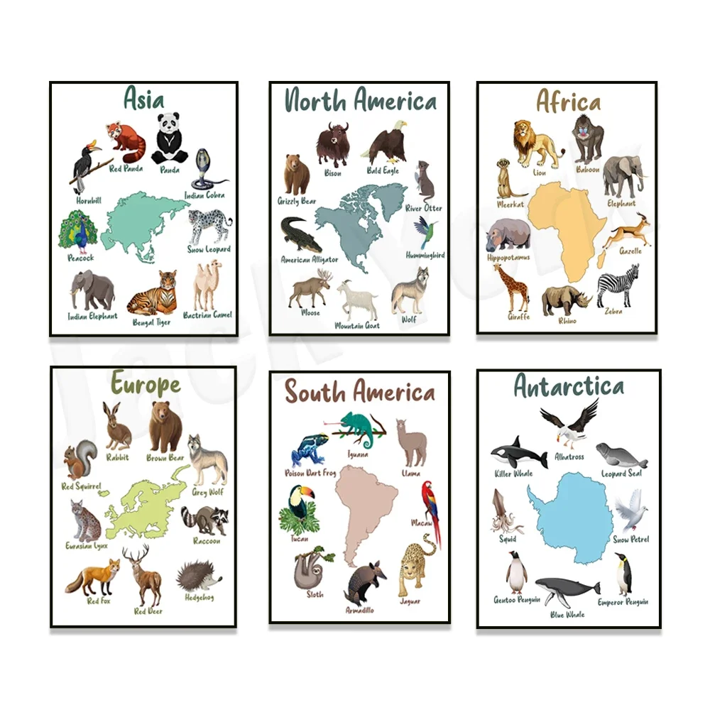 South America, Antarctica, North American continent animal patterns, Asia, Europe, Africa, Australia animal education posters