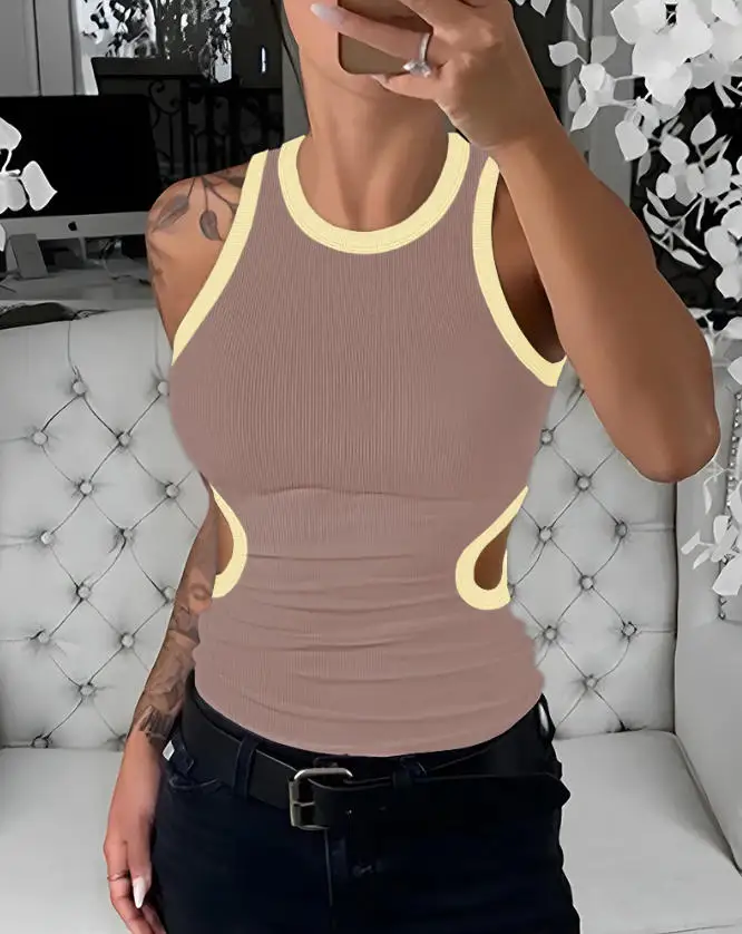 

Top Women 2026 Spring Summer New Ribbed Contrast Trim Tank Top Sleeveless Round Neck Cutout Back Slim Fit Stretch Casual Top