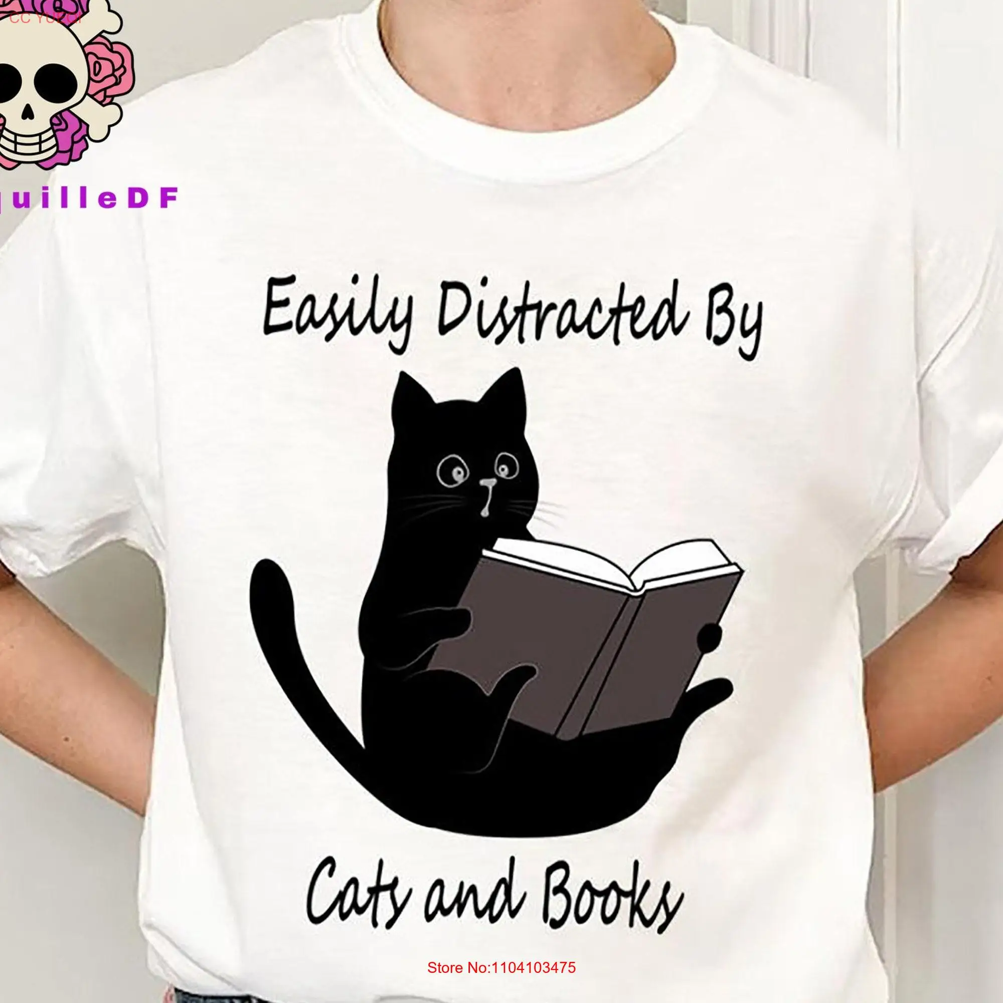 Easily Distracted By Cats And Books Cute Cat T Shirt Lover Mom long or short sleeves