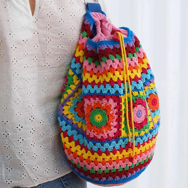 Bohemian Crochet Barrel Shaped Women Shoulder Bags Knitted Granny Square Backpacks Handmade Woven Handbag Casual Travel Bag 2024