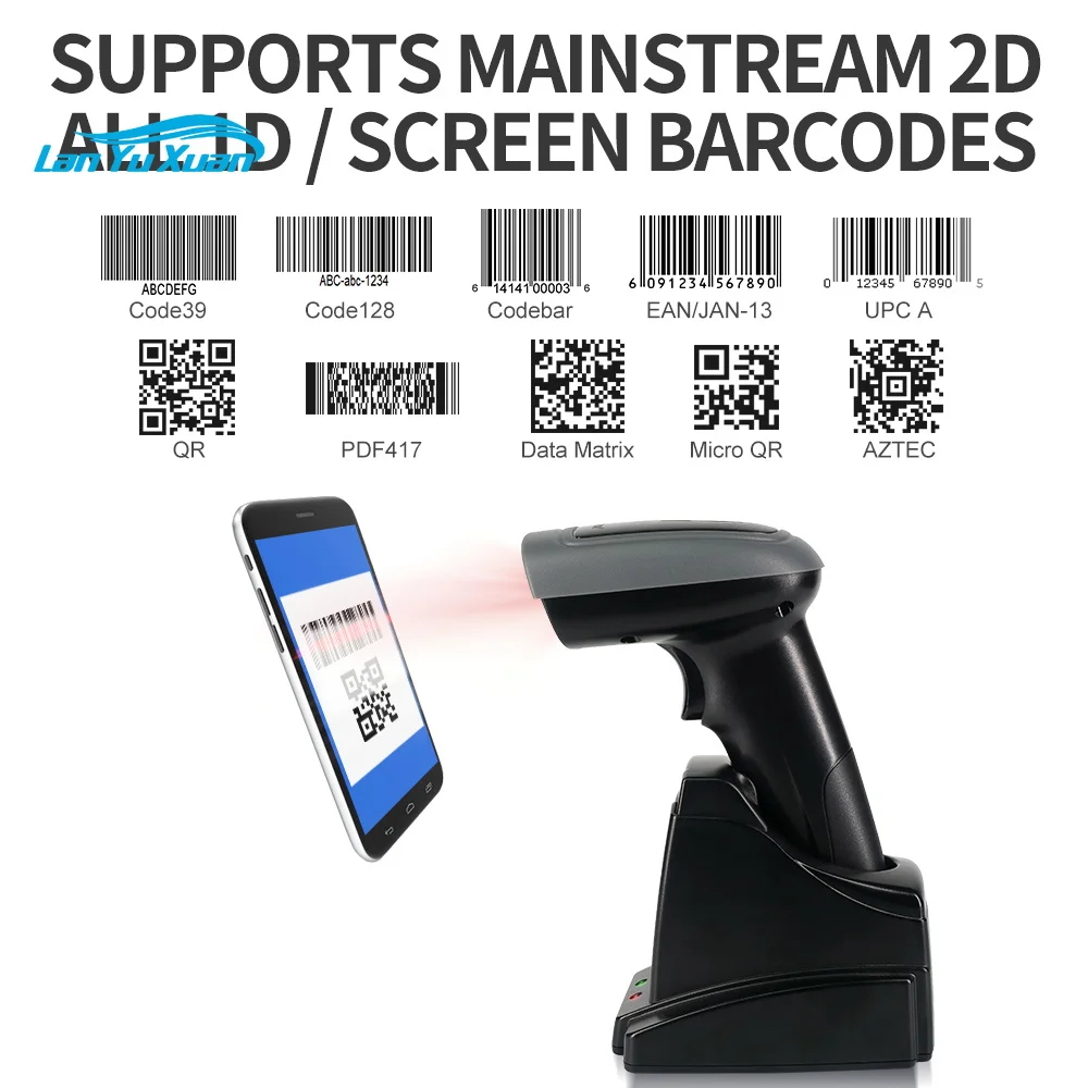Qr 1D 2D Bar Code Reader Wireless Android Handheld Scanner  Barcode  Blue Tooth With Charging Cradlememory Stock X-1901B
