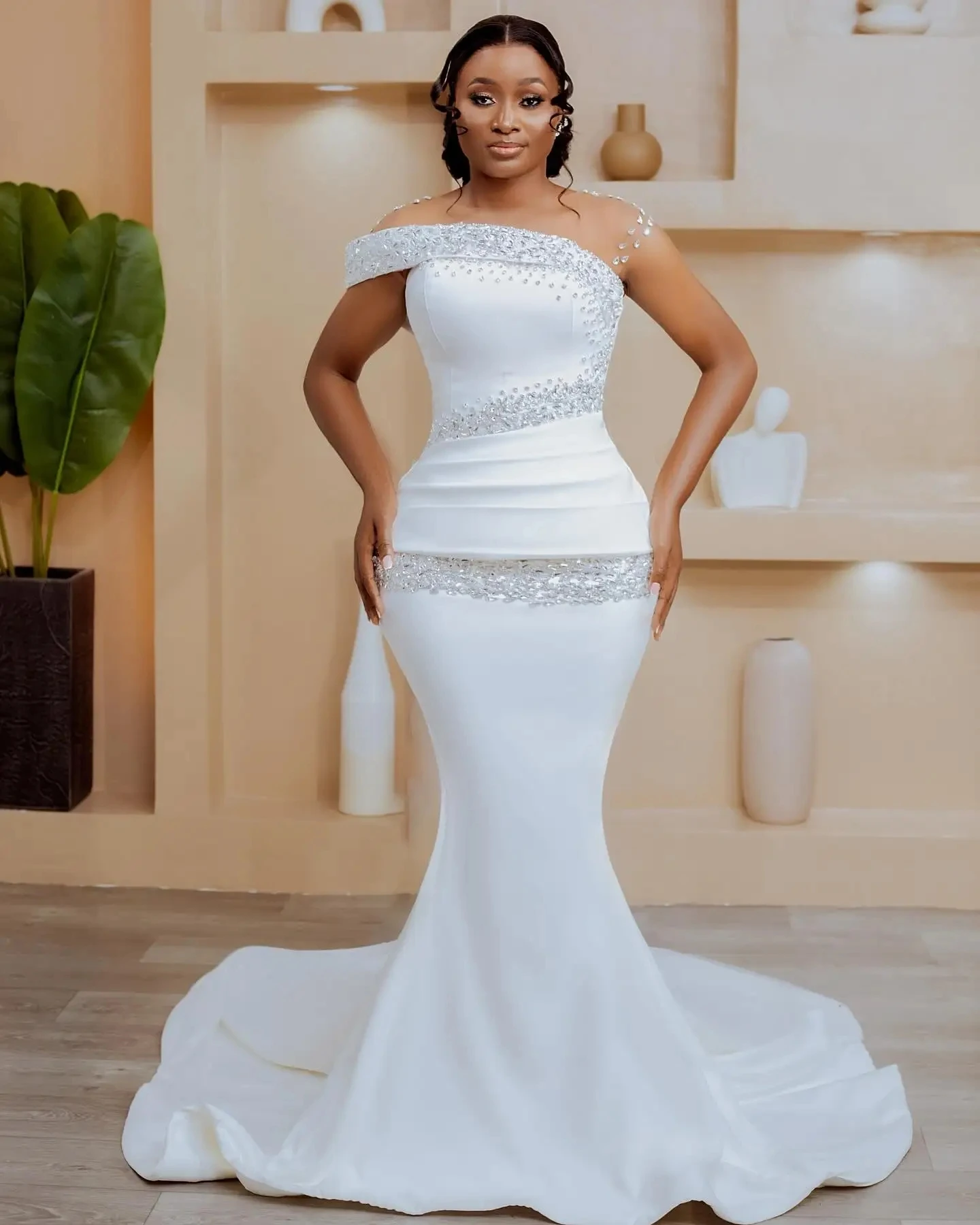 

Luxury Crystals Mermaid Wedding Dress 2026 Sheer O-Neck Satin African Bride Bridal Gowns Aso Ebi Vestidos Robe De Mariage