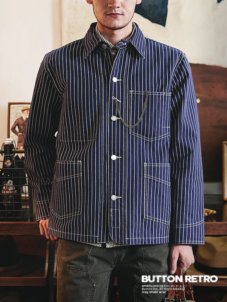 

Американская ретро-куртка Waba в полоску из денима, рабочая одежда в железнодорожном стиле, из чистого хлопка, плотная, мужская, приталенного кроя, модная