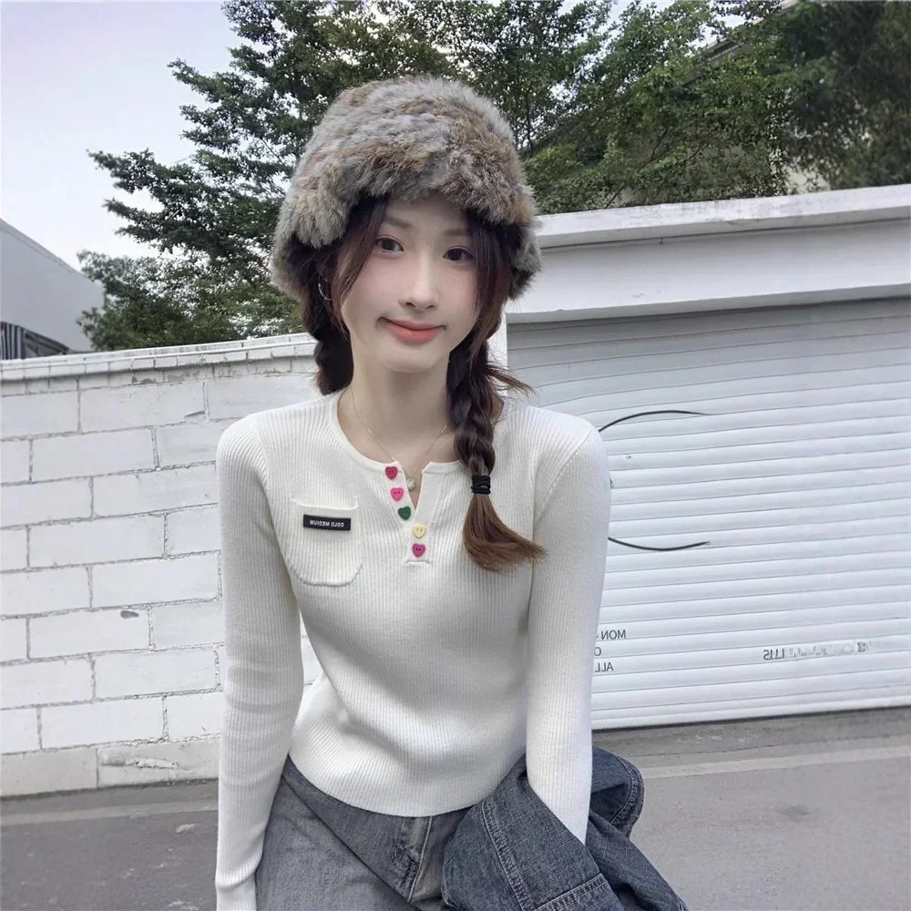 Long Sleeve Casual Style Fashionable Autumn Winter New Sweet Women's Knitted Short Top Base Shirt Inner Wear Slim Fit V-Neck #2