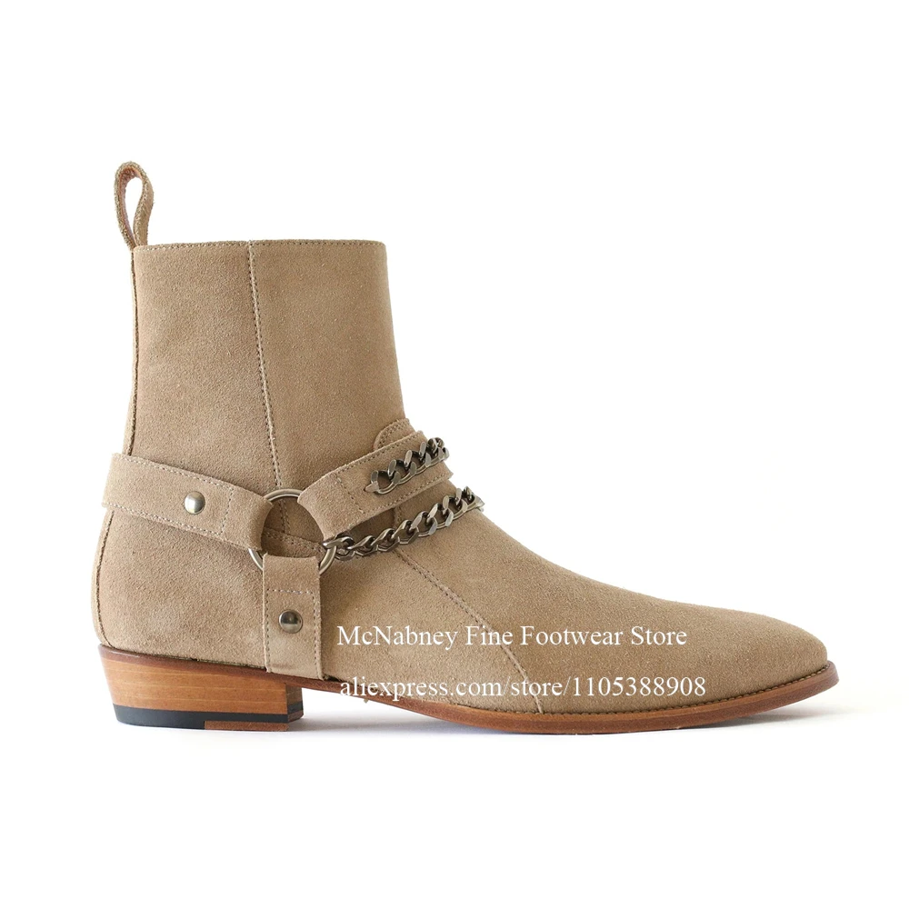 

Classic Suede Metal Chain Men Ankle Boots Pointed Toe Buckle Chelsea Boots Alpha Male Shoes Business Streetwear Casual Shoes