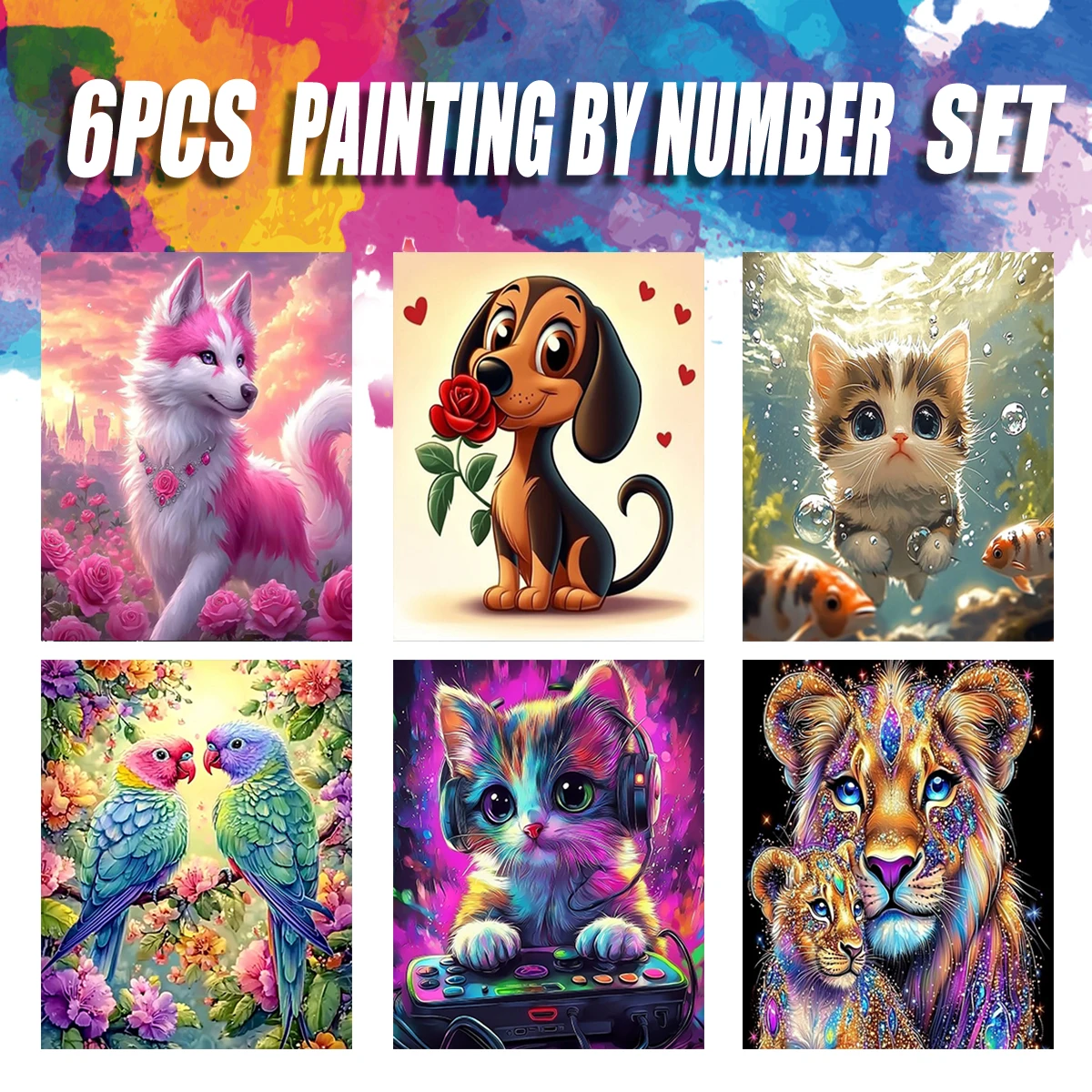 

PhotoCustom 6pc Painting By Numbers Hand Colorful Animals Adult Kit Diy Acrylic Paint Canva Artwork Canva Art Gift Home Decor