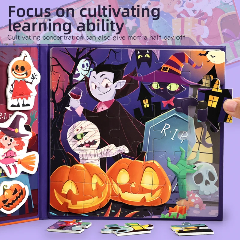 2 in 1 Festival Scene Magnetic Puzzles Portable Book Christmas/Halloween Jigsaw Montessori Early Education With Magnet Toys Gift