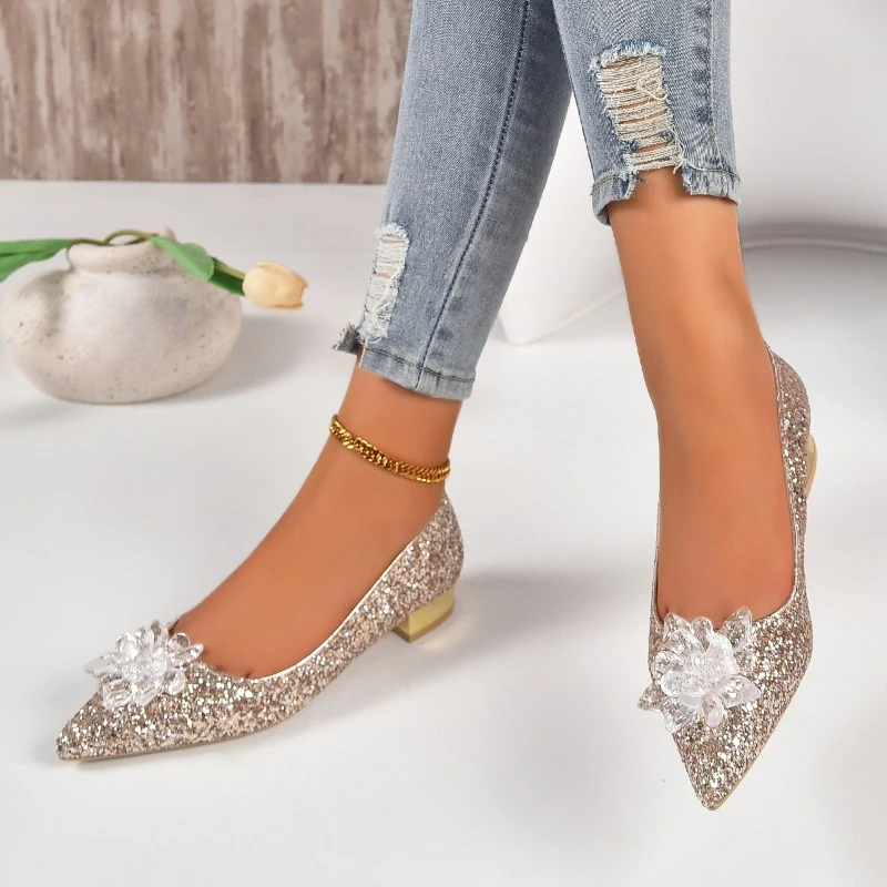 2023 Spring and Autumn New Fashion Outwear Sequin Face Pointed Women\'s Large Shallow Mouth Single Shoes High Heels Women