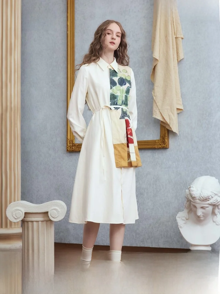 

Retro Print Neon Tour Coat Sle Dr with Belt Autumn New Arrival Women's Casual Loose Fit A-Line Skirt Long Sve Dr