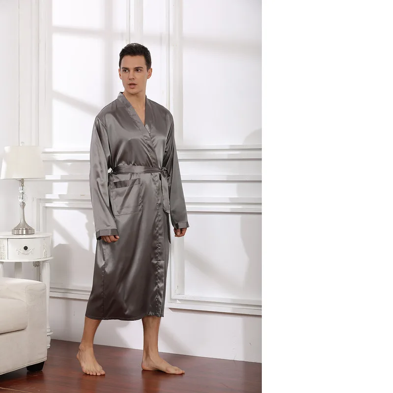 European Size Thin BathroBe Mid Length Cardigan ImItatIon Silk NightgowN Pajamas Men\'s Home Clothing Summer