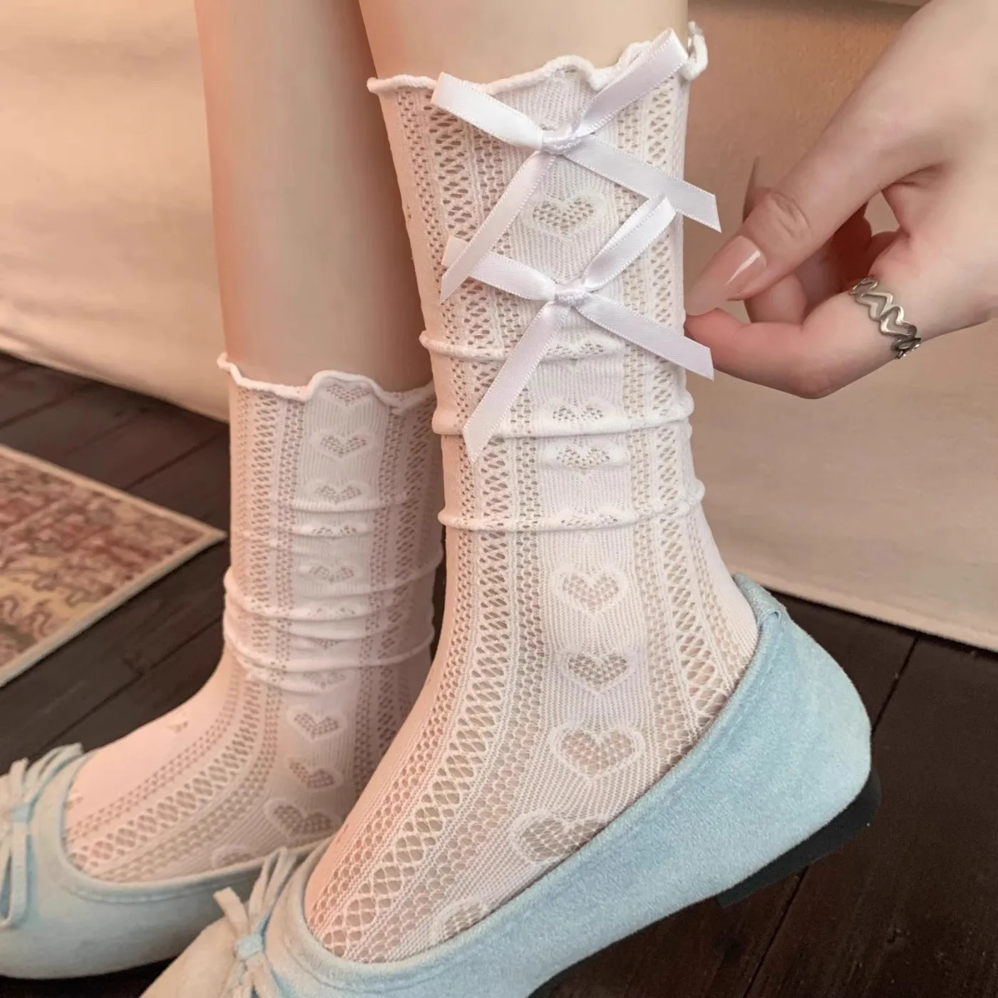 Lace socks, women's bow hollow mesh breathable summer thin stacking socks