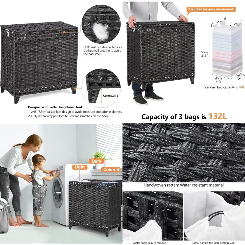 

3-Bag Removable Liner Rattan Laundry Hamper with Lid and Elevated Feet; Side Handled Clothes Hamper; Black 3-Section Laundry Sor