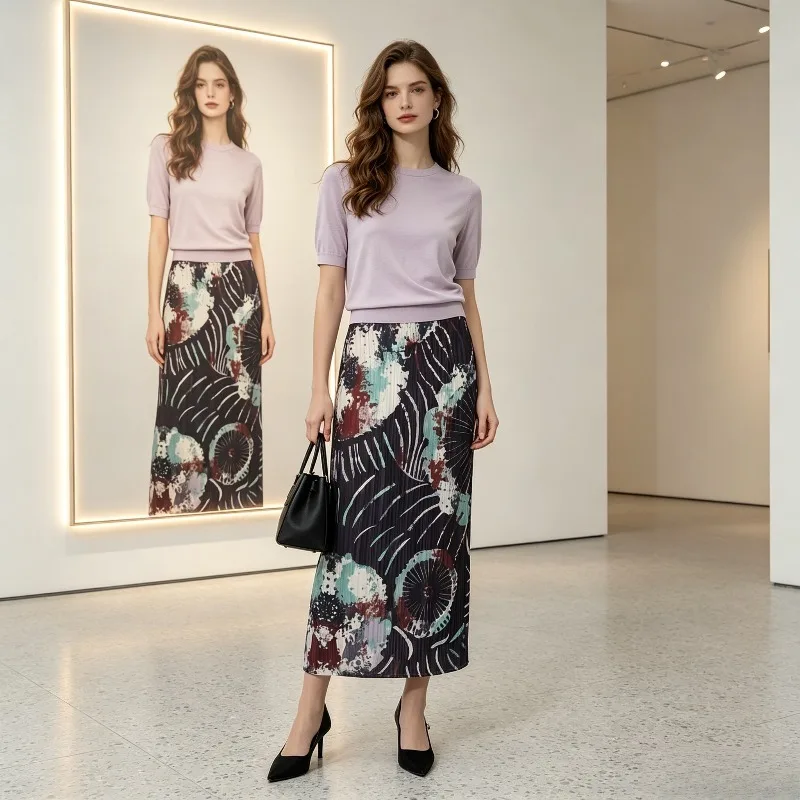 Miyake Pleated 2026 New Summer Original Waist-Cinching Retro Print Pleated Fashion Casual Low-Key Elegant Temperament Skirt