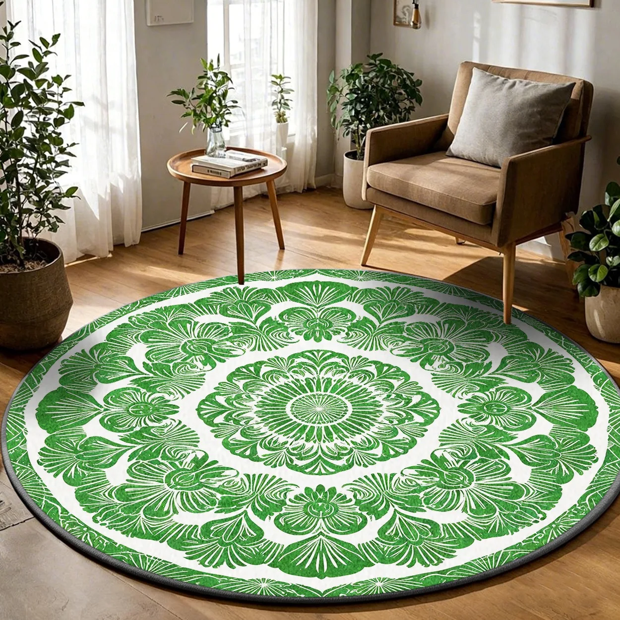 Vintage Folk Art Botanical Round Rug,Retro Orange Pink Green Floral Border Printed Circular Floor Mat,Living Room Entry Carpet