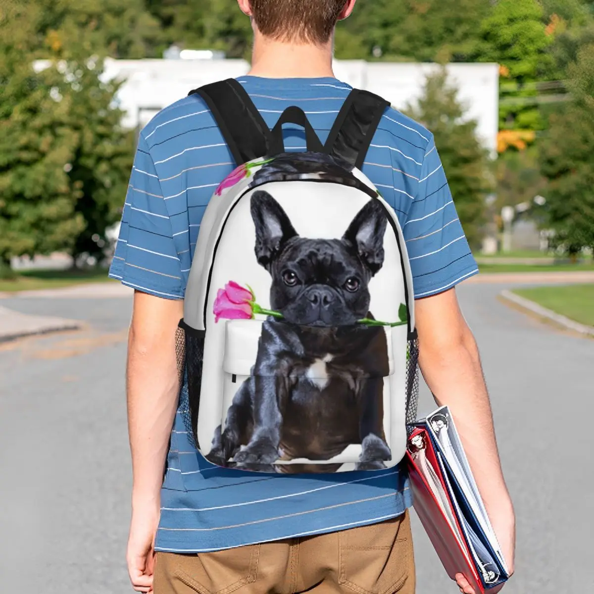French Bulldog With Flowers Backpack Student BookBag Children School Bag Computer Shoulder Bags for Boys Girls