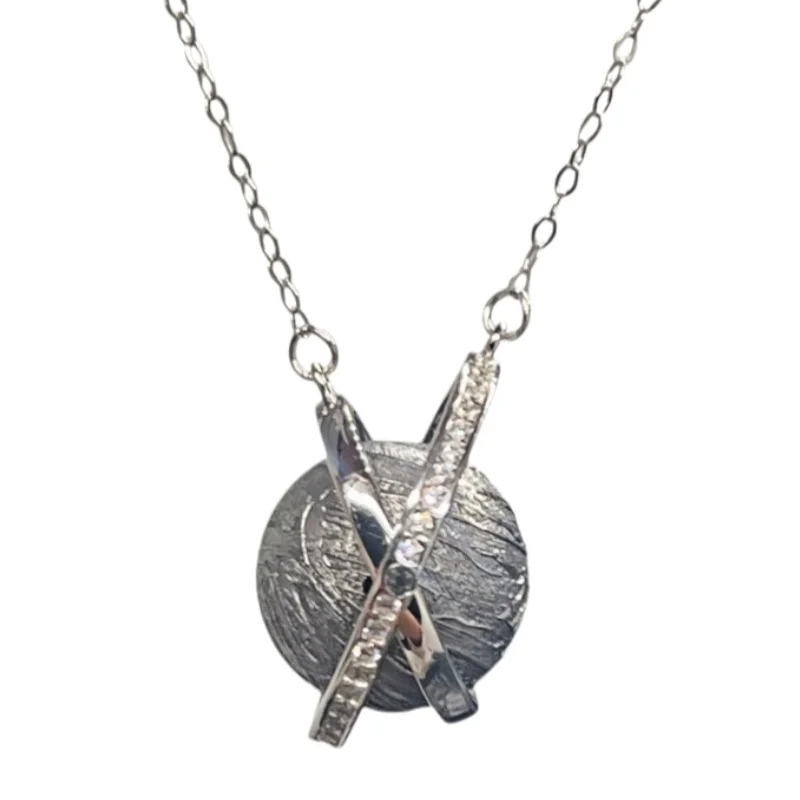 Muonionalusta Meteorite Pendant Genuine Etched Meteorite Slice Round Shape Zircon Decor Metal Setting Cosmic Stone NecklaceLK603