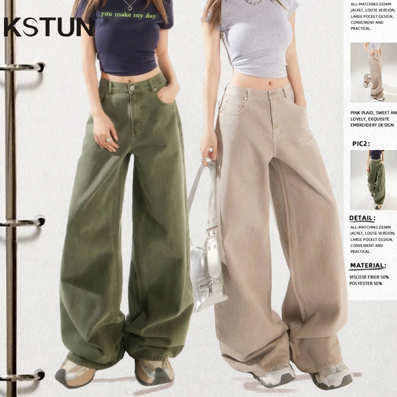 

KSTUN Women's Jeans Green Wide Leg Denim Pants High Waist Straight Loose Streetwear Fashion Woman Khaki Jeans Female Baggy Pants