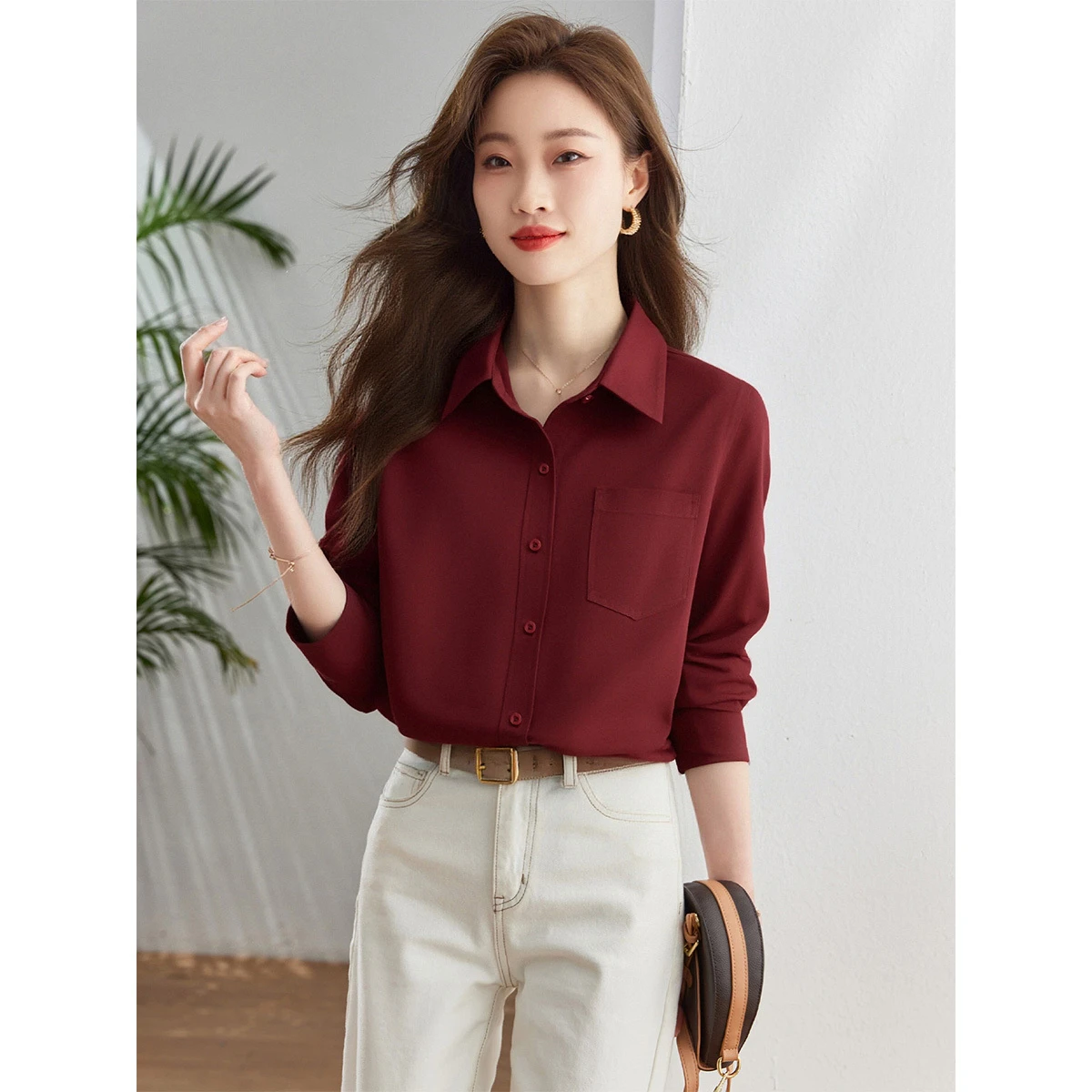 

VIMLY Women's Red Denim Shirts Vintage Winter 2025 100% Cotton Shirts Office Lady Long Sleeve Turn-down Neck Ladies Shirt V8780