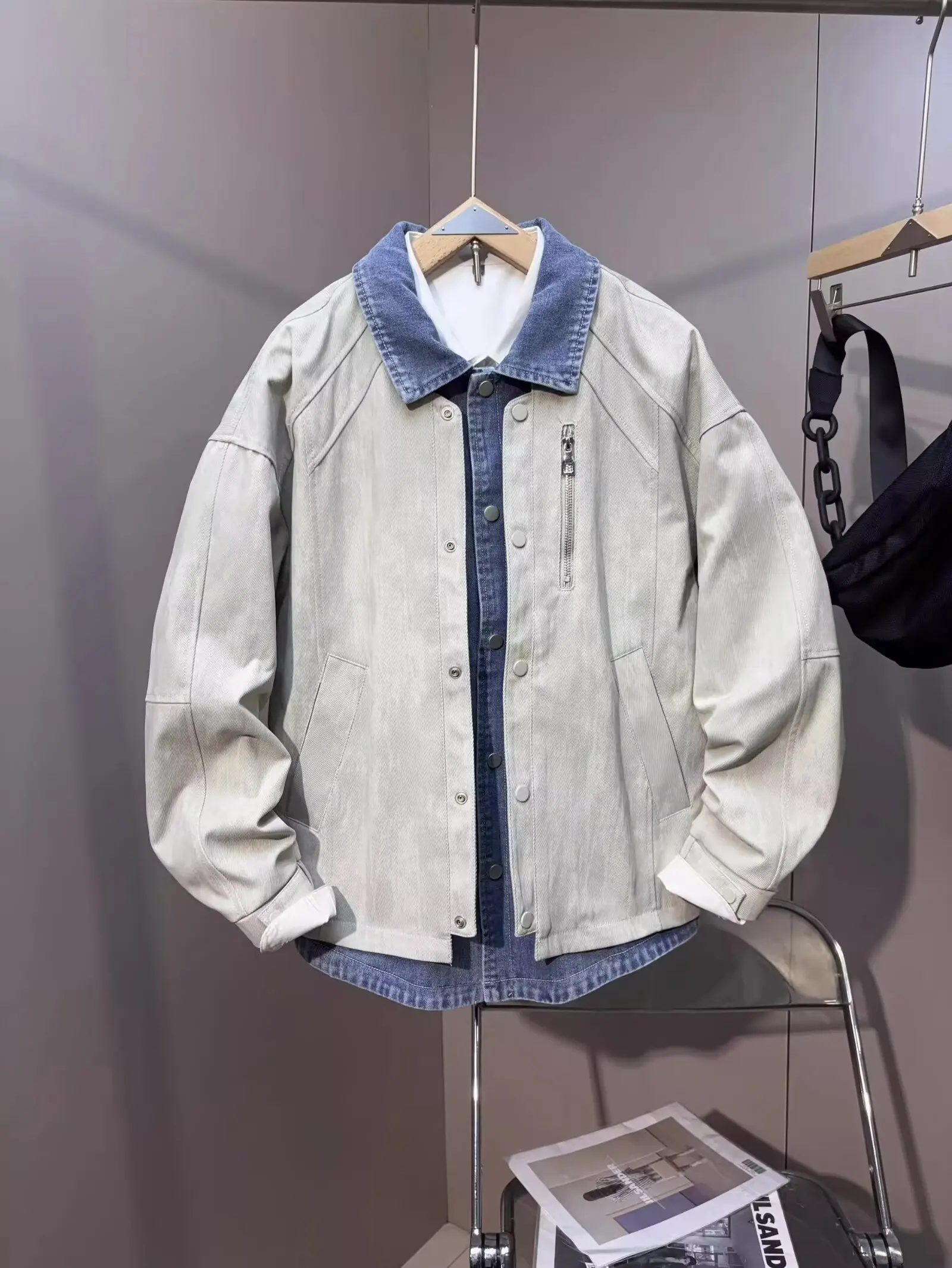 

Cool Street Sle Men's Denim Jaet Casual Versatile Autumn Winter Outerwear Loose Fit Youthful Trend Single Button Closure