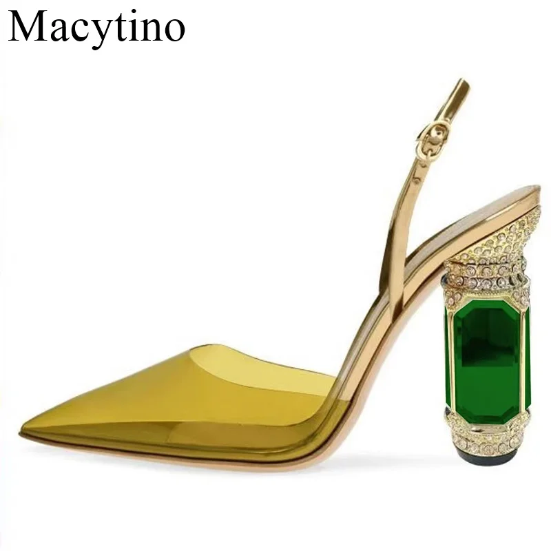 2024 Catwalk Rhinestone Gemstone Heel Buckle High Heels Thick Pumps Wedding Shoes lady Sandals Male Large Size