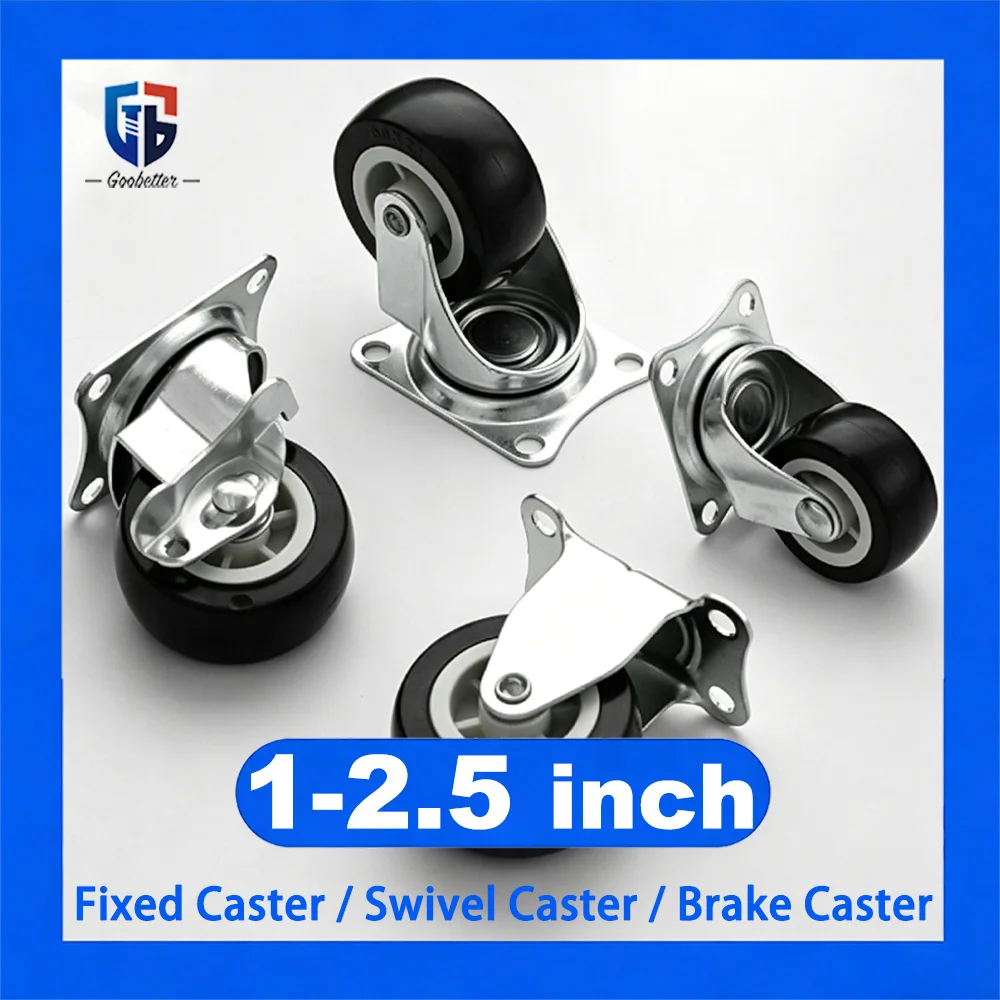 2-8Pcs Black Low Noise Rubber Caster Wheels 1~2.5 Inch Swivel Fixed Brake Casters Wear Resistant Furniture Rollers for Cabinets