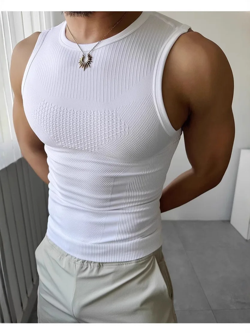 Men's Elasticity Stripe Round Neck Sleeveless Quick-dry Gym Fitness Running Training Vest