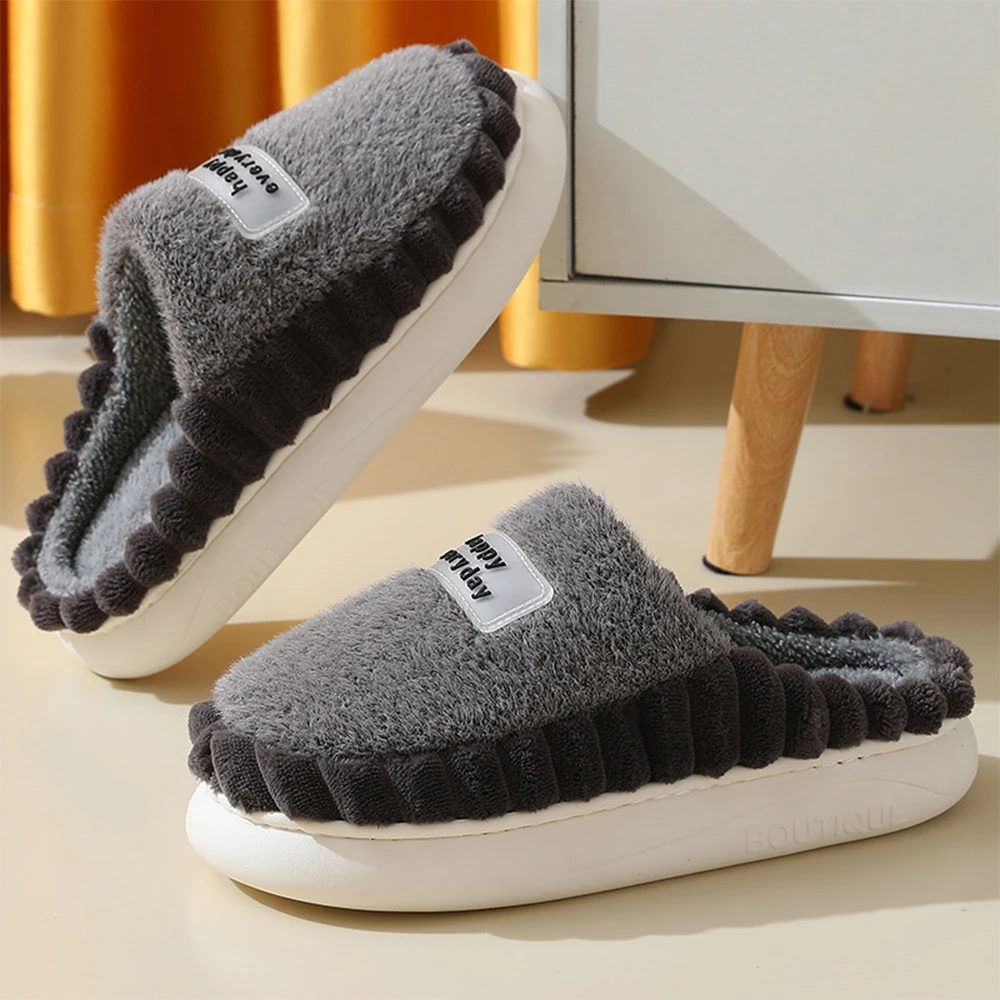 Home Slippers Men Big Size Plush Winter Warm Soft Slippers Male Stripe Indoor Slippers Fashion Trend House Shoe Solid EVA Chunky