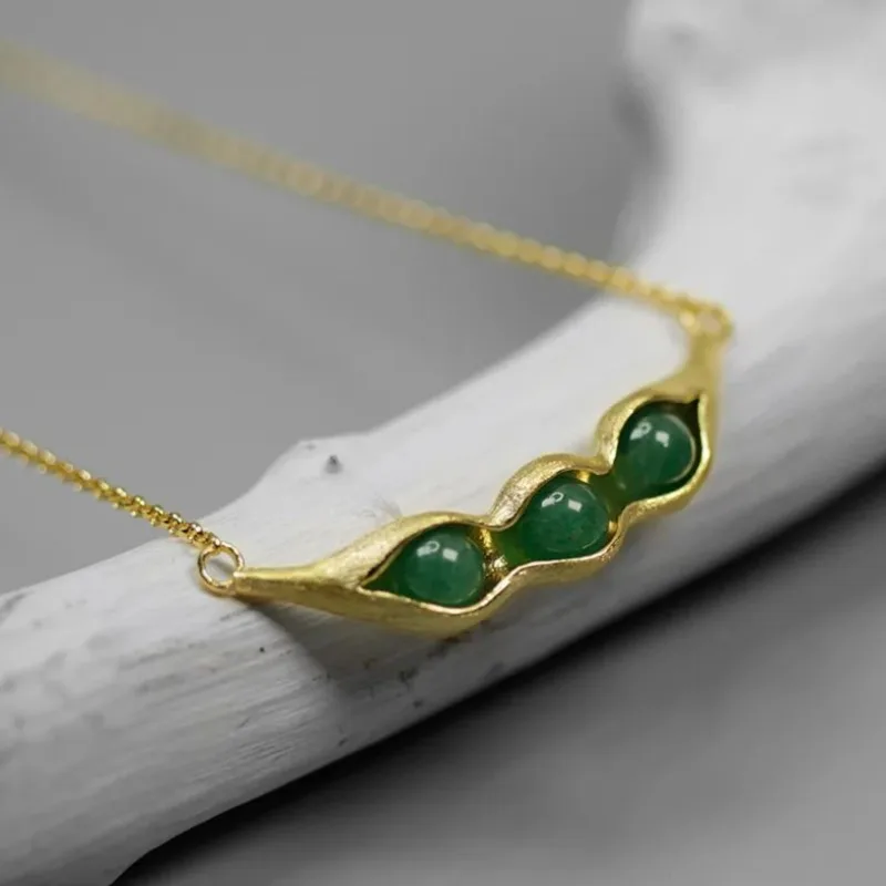 

INATURE Natural Green Stone Pea Pod Necklace 925 Sterling Silver Clavicle Chain Necklaces for Women Jewelry Gift