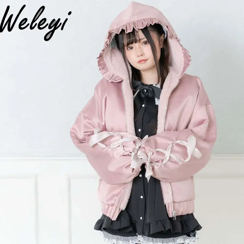 Jirai Kei Cute Thick Short Plush Coat Both Sides Sweet Woman Winter Jacket Lolita Kawaii Lace-up Fluffy Coats.Femininos Inverno