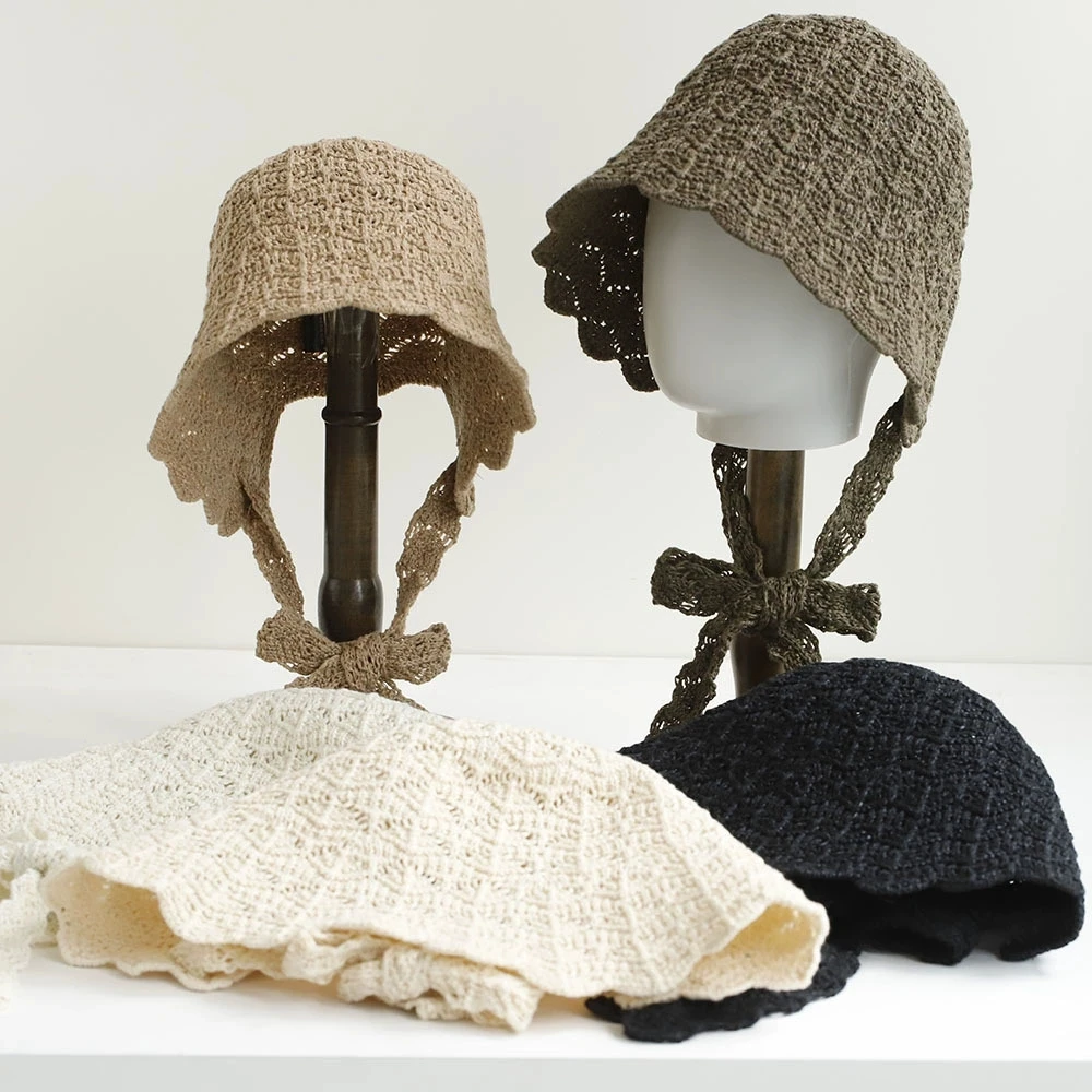 Fashion Knit Back‑open Lolita Hat for Women Breathable Sun‑shading and UV‑protective Bucket Cap for Spring and Summer