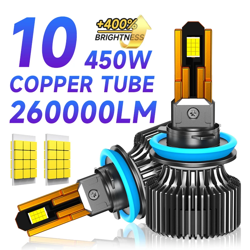

Светодиодная лампа для автомобильных фар K68 H7 H4 H1 H11 9005 9006, 6000K, противотуманная фара, 10 медных трубок, 260000 лм, 450 Вт, сверхъяркая светодиодная лампа 12-24В