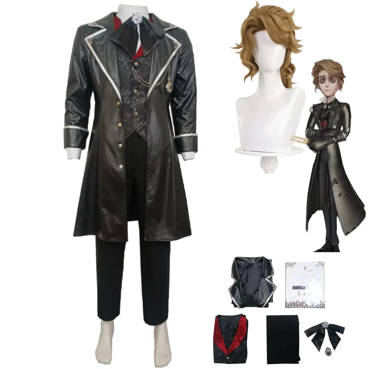 

Game Identity ⅤFrederick Kreiburg Cosplay Costume Composer Fusion Long PU Coat Vest Shirt Wig Man Carnival Halloween Suit