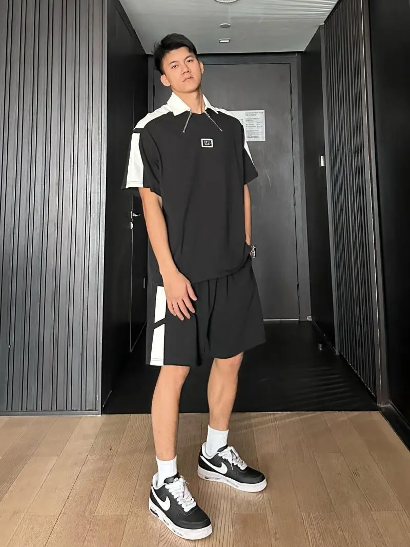 

Plus Size 150kg Men Summer T-shirt Contrast Color Design Loose Casual Sports Short-sleeved Shorts Top Short Pants Two-piece Set