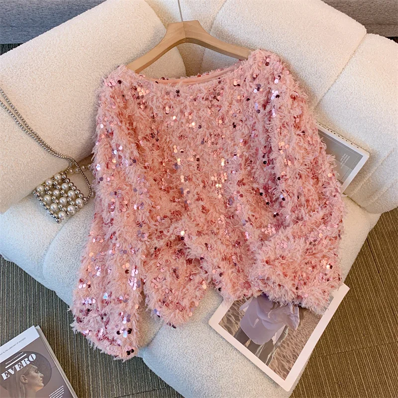 Autumn Winter 2024 New Niche Design Knit Bottom Top Fashion Sequin Feather Sweater Black Pink Pullover Pull Femme Clothes