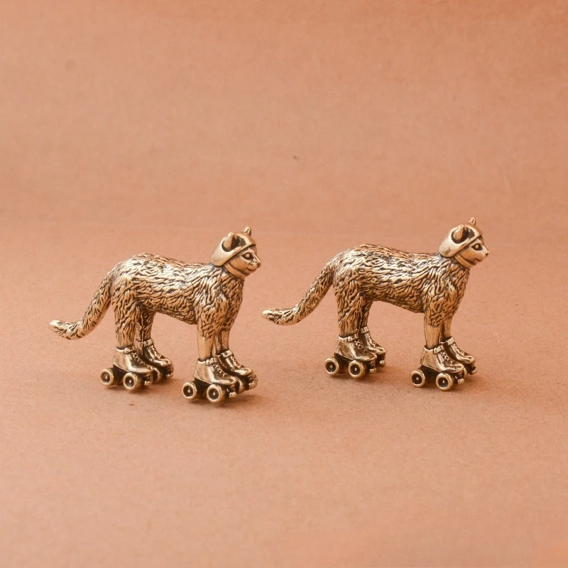 Brass Craft Retro Antiqued Skiing Cat Ornament Living Room Desk Tea Pet Home Decoration Accessory Unique Copper Animal Figurines