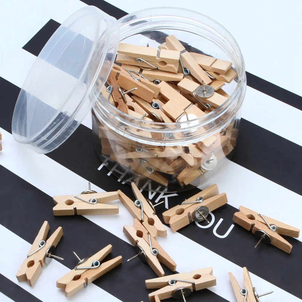 80 Pcs H-Shape Wood Decorative Push Pins & 50 Pcs Push Pins With Wooden Clips Thumbtacks