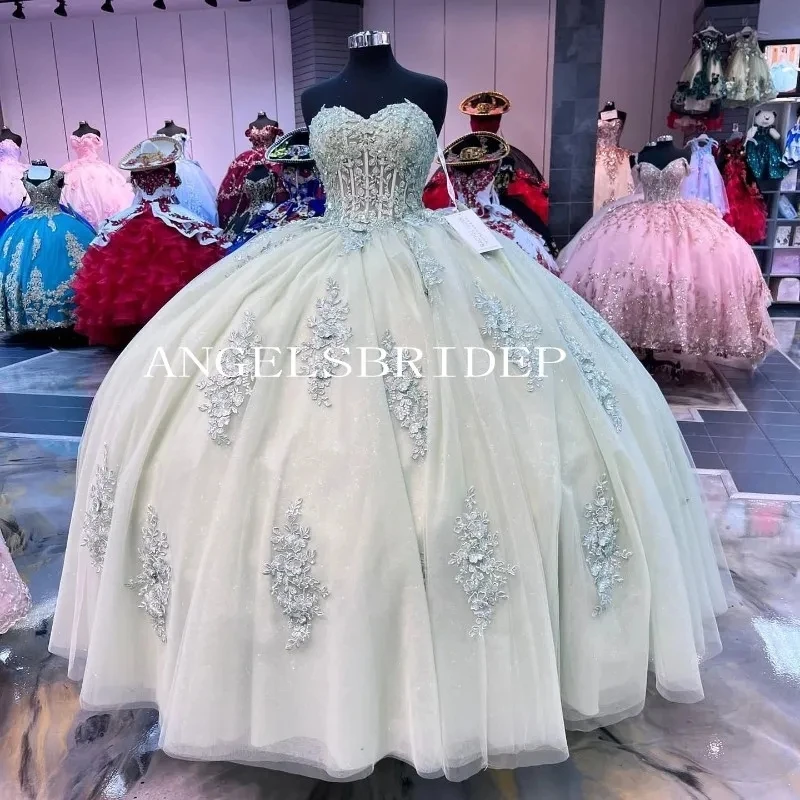 Angelsbridep ชุดชุดไปงานเต้นรำ15 quinceanera เปิดไหล่สีเขียวมีโบว์ใหญ่ปรับแต่งได้มาก