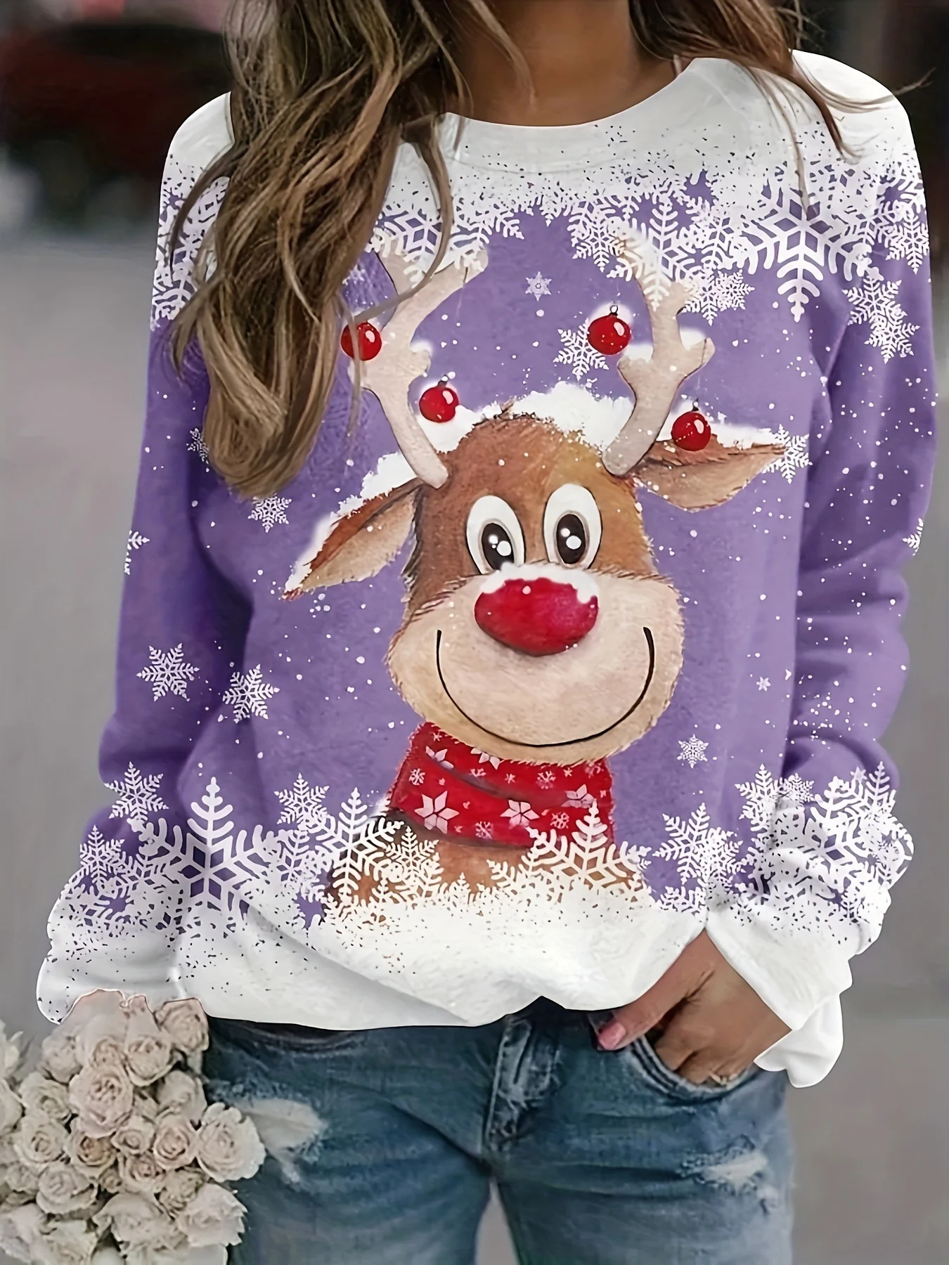 Christmas BearPrinted Women\'s T-shirt Vintage Style Sweater Cotton Long Sleeve Ladies Clothing Oversized Street Pullover