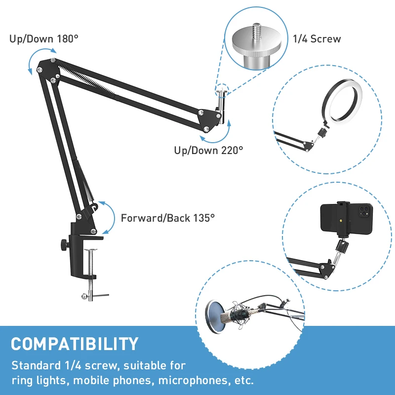 Cell Phone Holder Flexible Goose Neck Type Stand 360° Rotation Long Arm Desk Bracket Mobile Clamp For Ring Light,Mic,Shoot Video