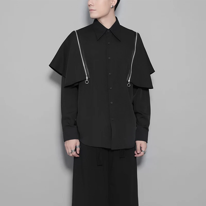 

Men's Trendy Original Design Dark Style Shirt Removable Zipper Metal Ring Decor Black Leisure Long Sleeve Casual Fashion Shirt