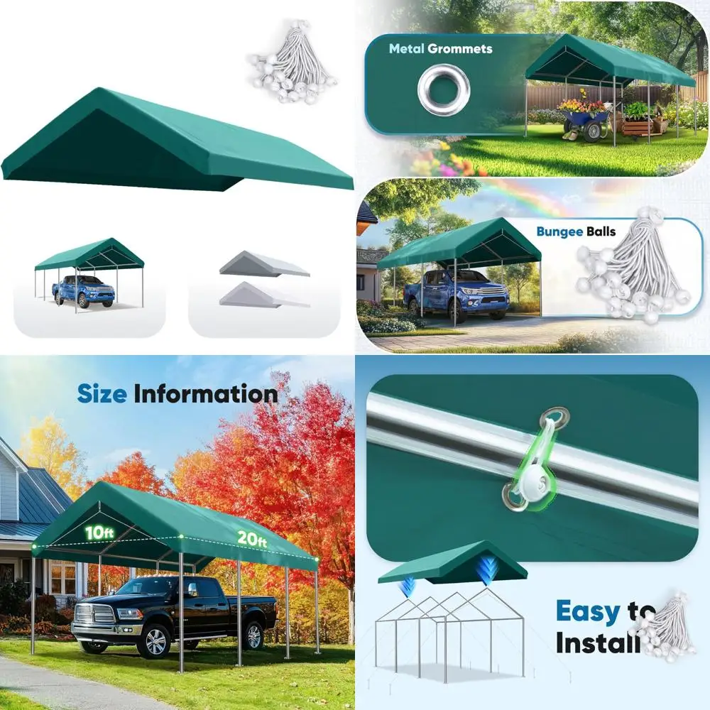 

Replacement Tarp Canopy Top Cover for 10x20 ft Carport with Bungee Balls, Green, Outdoor Party Tent Shelter