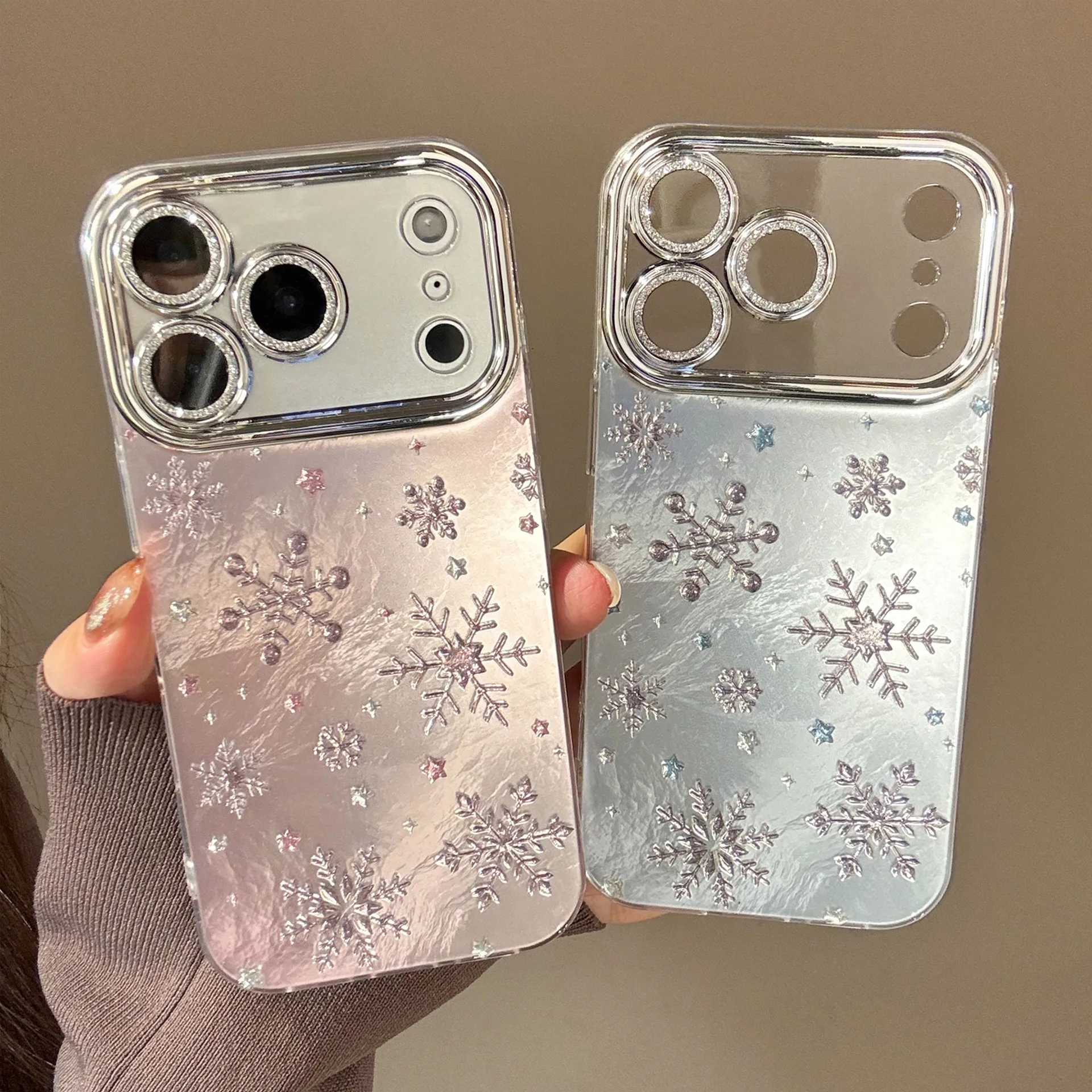 Koreanische Weihnachts-Schneeflocken-Handyhülle für iPhone 17, Air 16, 15, 14, 13, 12, 11 Pro Max Plus, glitzernde Linsenfolie, stoßfeste Hartschale