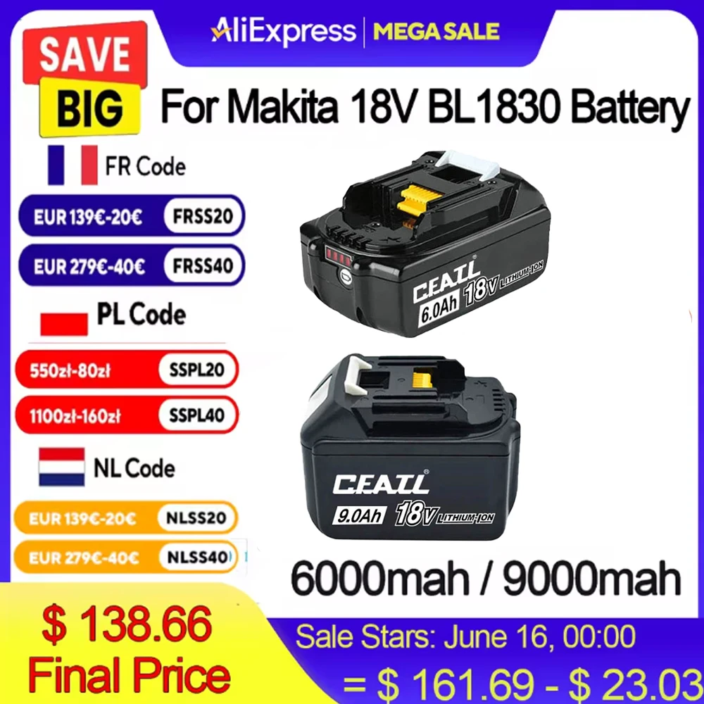 

For BL1860 BL1850 BL1840B BL1830 Replacement Battery Compatible Power Tool Rechargeable Battery For makita 18V BL1830b 9000m
