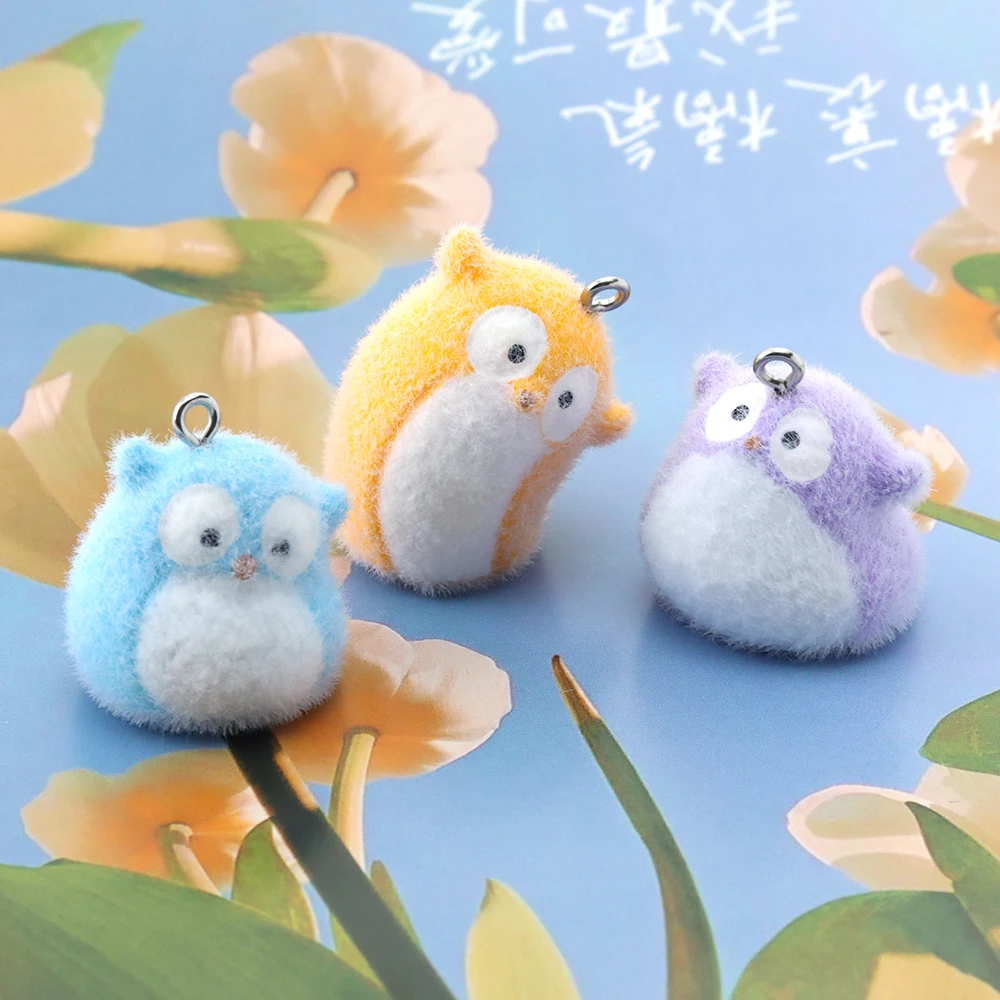 24pcs 3D Flocking Resin Colorful Owl Charms Animal Plush Dolls Pendants for Keychain Earrings Making DIY Jewelry Accessories