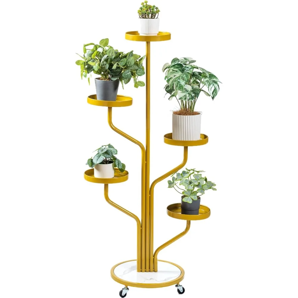 

CHPHI 5 Tier Indoor Plant Stand Wrought Iron, Tall Metal Plant Stand with Wheels, Metal Rolling Plant Shelf with 5 Trays, Multi-