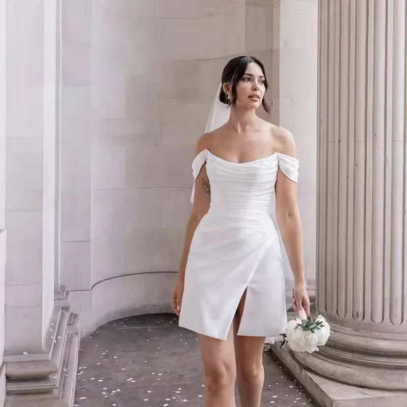 Elegant Short Wedding Dress Women 2026 Open Back Off The Shoulder Satin Boat Neck Pleat Slit Bridal Vestidos De Noiva Customized