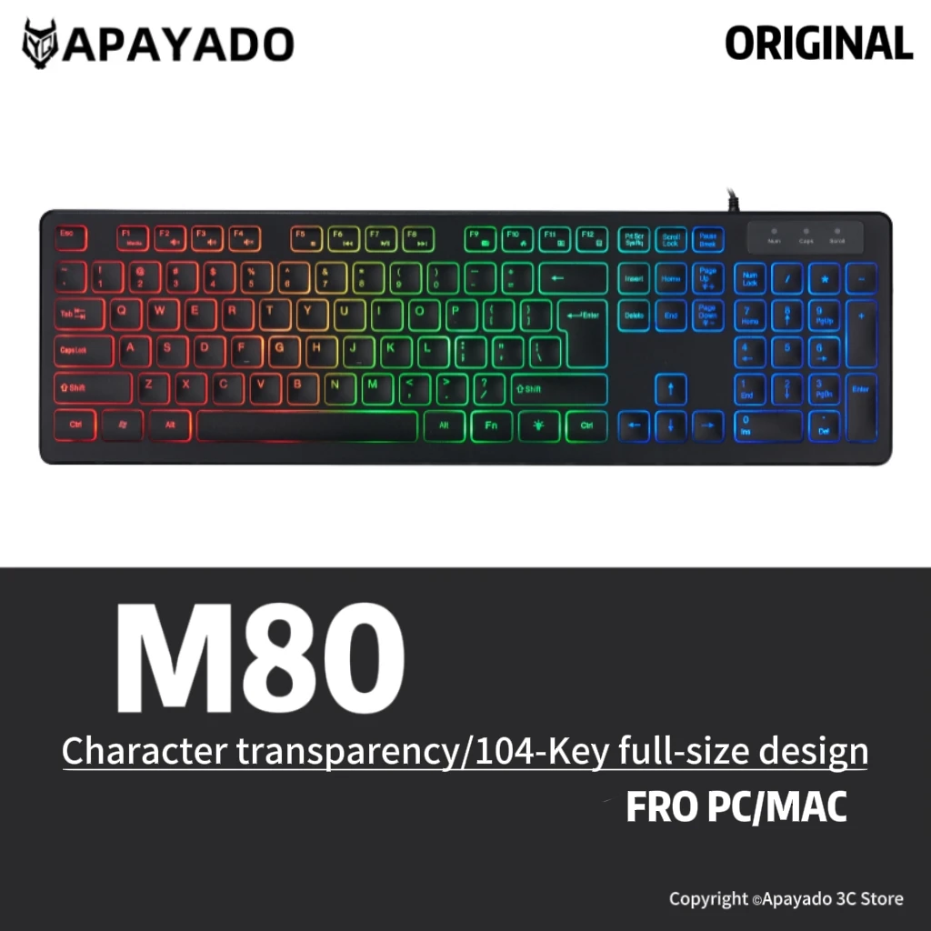 M80 USB Slim Keyboard Wired,APAYADO Mini Dazzling Color Keyboard,Chocolate Keycaps Colorful LED Backlit,Bass Click,Quiet Typing